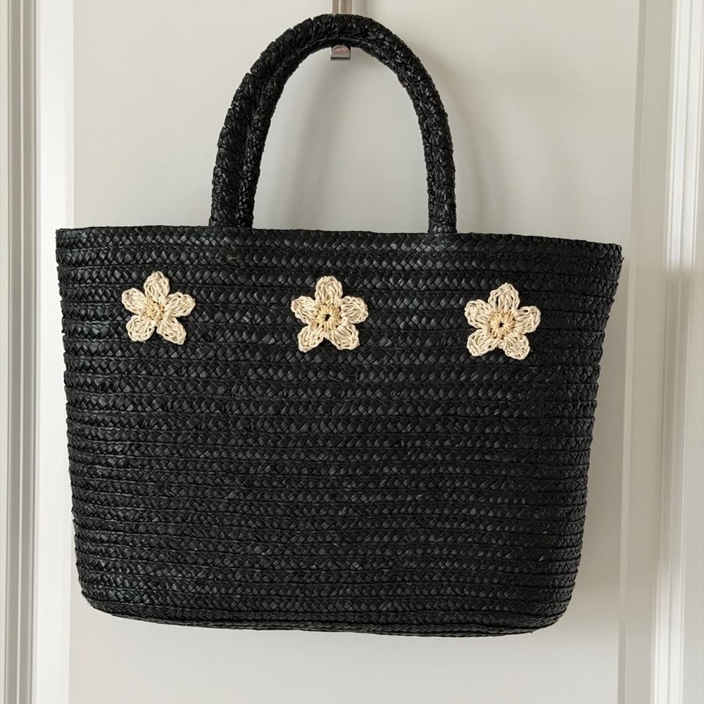 Black Woven Straw Tote Bag with Crochet Floral Accents
